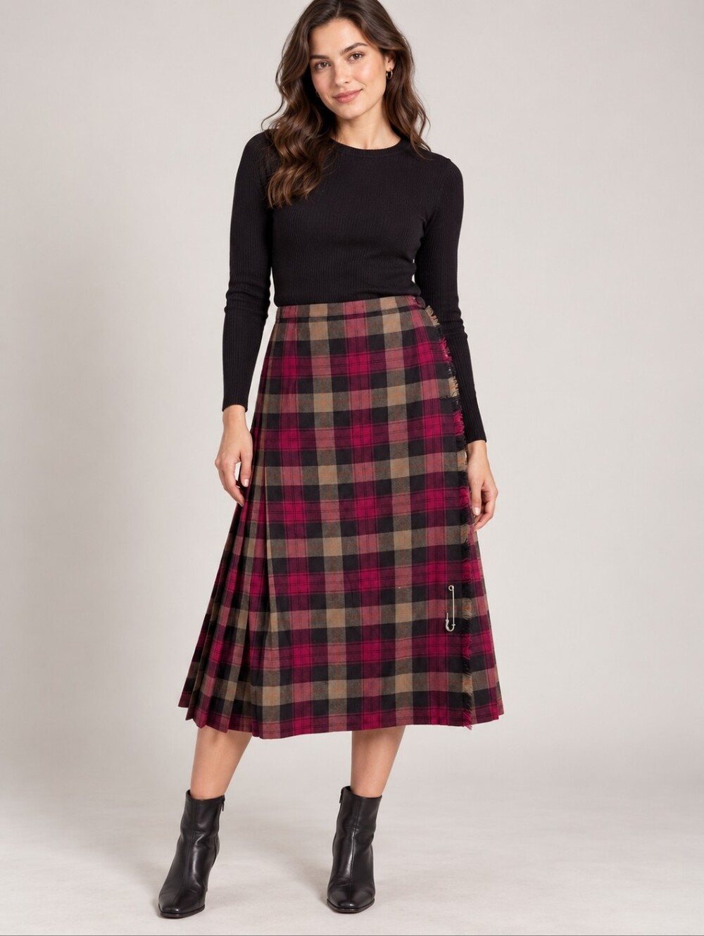 Aljean Canada Pure Virgin Wool Tartan Plaid Pleated Kilt Midi Skirt Burgundy VTG